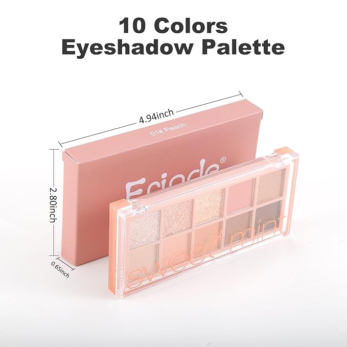 Erinde 10 Colors Eyeshadow Palette Makeup - Matte Shimmer Glitter Eye Shadow, Ultra-Blendable, High Pigmented, Naturing-Looking, Neutral Nude Eyeshadow Pallet with Professional Brush, Peach Color