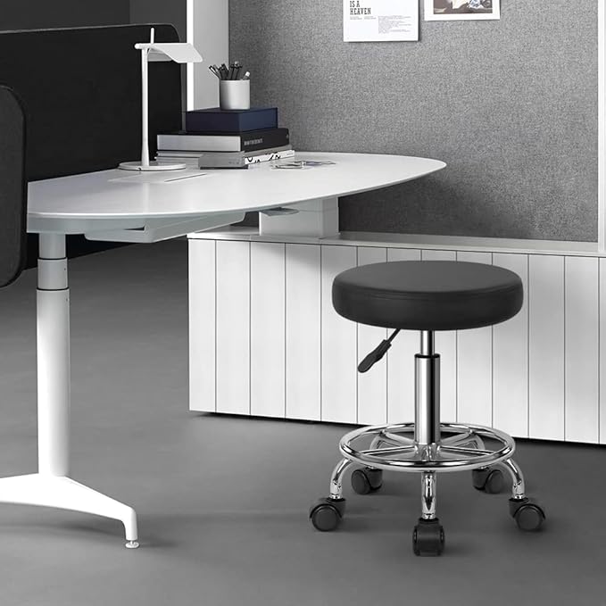 KKTONER PU Leather Round Rolling Stool with Foot Rest Swivel Height Adjustment Spa Drafting Salon Tattoo Work Office Massage Stools Task Chair Cushion 14 inches (Black)