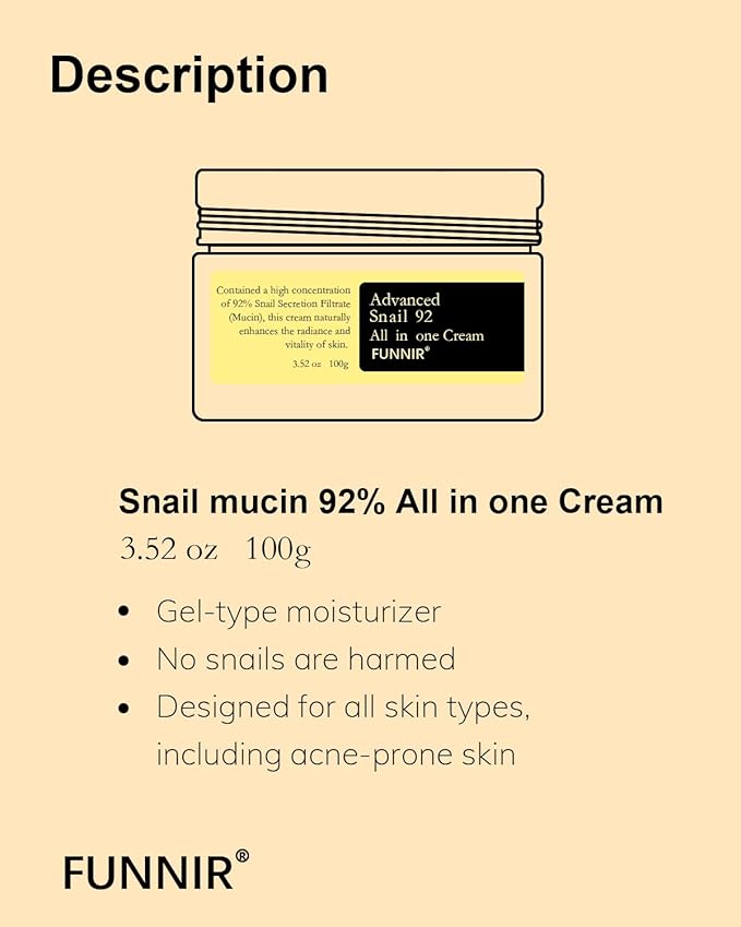 Snail Mucin Moisturizer 92%, Lightweight Moisturing Cream, 100g, Youthful and Radiant Formula, Repair Face Cream for All Skin Types, Skincare Products