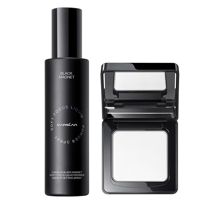 CARSLAN 1.0 Soft Focus Pressed Setting Powder + Black Magnet Setting Spray, Longwear Oil Control, Waterproof Combo, All Day Longlasting Makeup Set