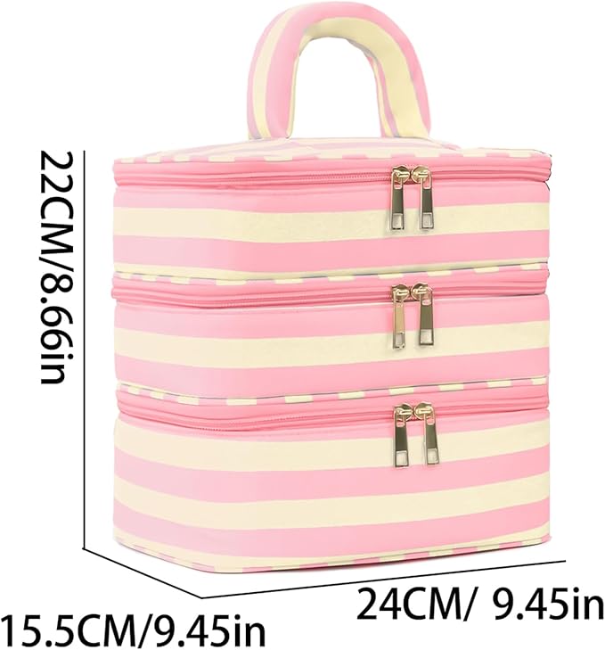Three Layer Makeup Bag for Women Fashion Stripes Cosmetic Bag Preppy Style Travel Water-Resistant Toiletry Bag for Storage Toiletries Cosmetics Sets for Women Teen Girls Pink