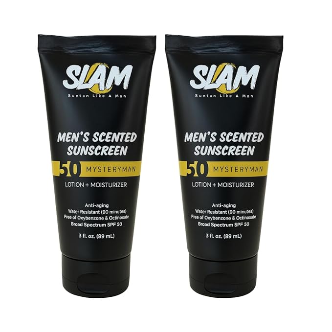 SLAM MysteryMan Men's Sunscreen Lotion SPF 50 & Moisturizer – Face & Body Sun block, Anti-Aging, Water-Resistant, Hawaii Act 104 Safe, Skincare for Men, Scented – 3 fl oz. Double pack.