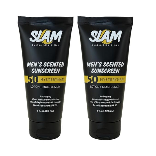 SLAM MysteryMan Men's Sunscreen Lotion SPF 50 & Moisturizer – Face & Body Sun block, Anti-Aging, Water-Resistant, Hawaii Act 104 Safe, Skincare for Men, Scented – 3 fl oz. Double pack.