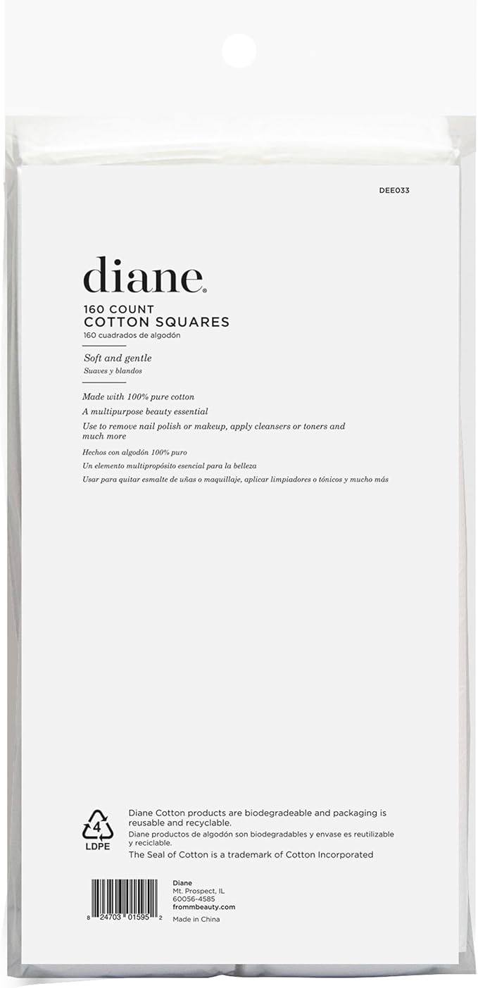 Diane 2.4" x 2" Cotton Squares, 100% Pure Cotton, Ideal for Makeup Removal, Nail Polish Touch-Ups, Skincare, and Everyday Household Use, 160 Count