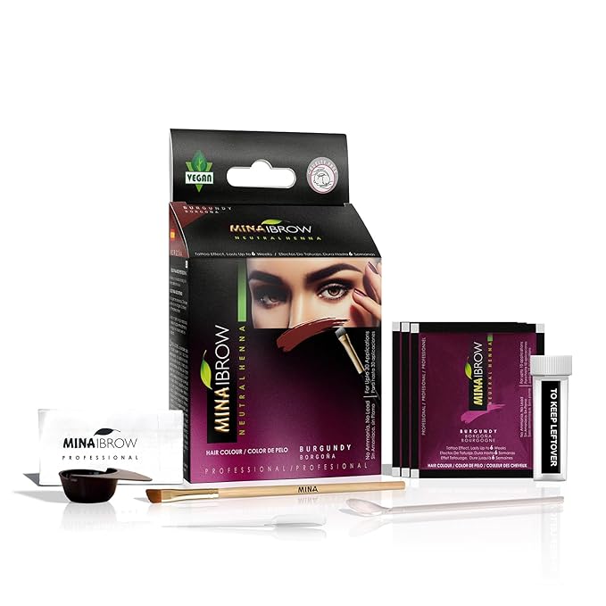 MINA iBrow Henna Hair Color Professional Tint Kit with Brush Combo Pack | Covers Gray Hair-Lasts up to 6 weeks | No Ammonia No Lead | Vegan & Cruelty Free | up to 30 Applications (Burgundy)