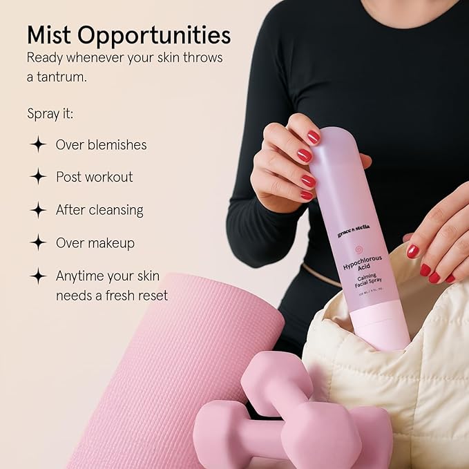 grace & stella Hypochlorous Acid Spray for Face - Body Acne Spray - Gentle Face Mist to Calm Redness & Flare-Ups Back Acne - Soothing Facial Mist for Sensitive Skin - Travel Size (60 ml/2 fl oz)