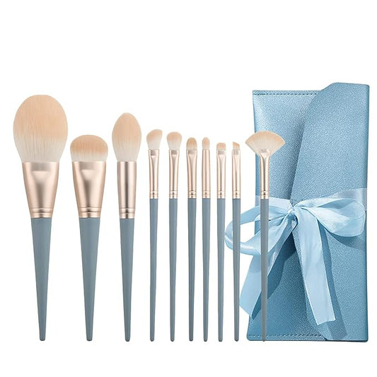 Makeup Brushes With Bag 10PCs Professional Makeup Brush Set，Premium Synthetic Foundation Concealer Powder Blush Eyeshadow Eyebrow Blending Travel Make Up Brushes (Blue)