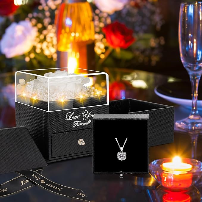 Preserved White Real Rose -Eternal Flowers Rose Birthday Gifts for Her Mom Wife Girlfriend Grandma on Valentines Mothers Day Christmas Anniversary Romantic- White