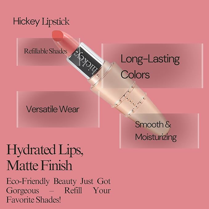 Hickey Lipstick for Women, Organic Beach Babe Coral Refillable Lipstick - Hydrating & Moisturizing Long Lasting Lipstick - Vegan & Gluten-Free with Velvet Finish - Highly Pigmented, Smooth & Creamy