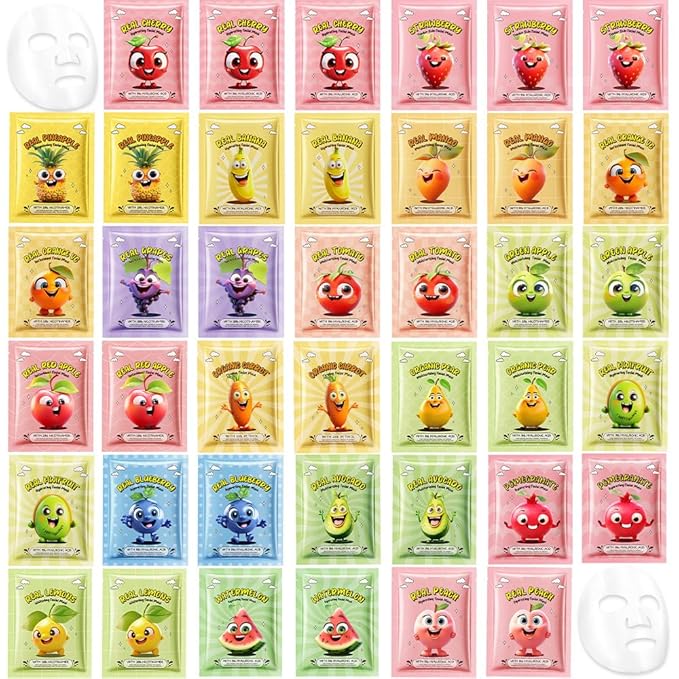 Kaely 40 Pack Bulk Face Masks for Kids, Kids Face Mask Spa Day Kit Supplies, Spa Party Favors for Teens Girls Women, Sheet Facial Mask Skincare Gifts Set, Moisturize Soothe for All Skin Types, 01