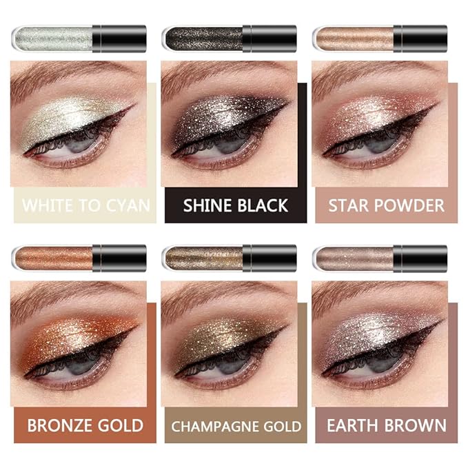 evpct 6 Colors Gold Liquid Glitter Shimmer Eyeshadow Set for Eyes Silver Shimmer Sparkle Shiny Light Glitter Metallic Pigment Colorful Eye Shadow Liner Makeup Palette Kit Quick Drying Longwearing A