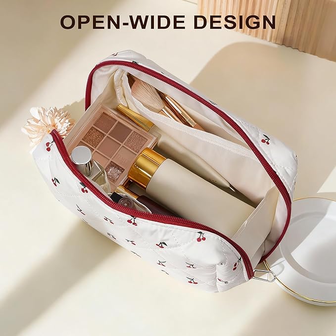 TOPEAST Travel Makeup Bag for Women Girl, 3Pcs Large Cotton Quilted Make up Brush Bags, Portable Cute Cosmetic Bag Sets with Zipper, Machine Washable Toiletry Pouch, Cherry