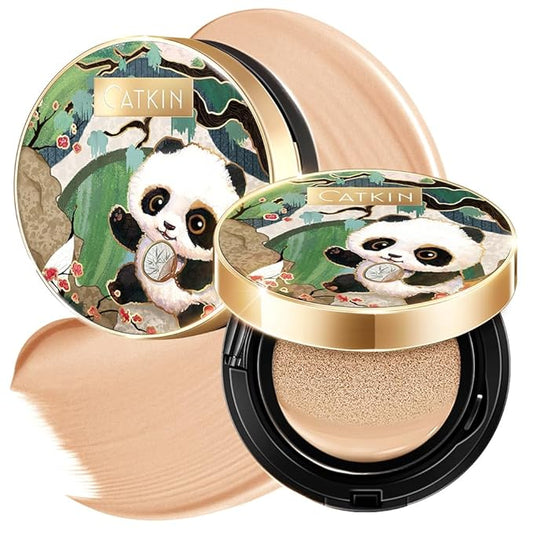 CATKIN Panda Land Full Coverage Cushion Fondation, Breathable Hydrating Nourishing Poreless Face Makeup Save for Sensitive Skin,Sheer Finish (W12 Golden Medium)