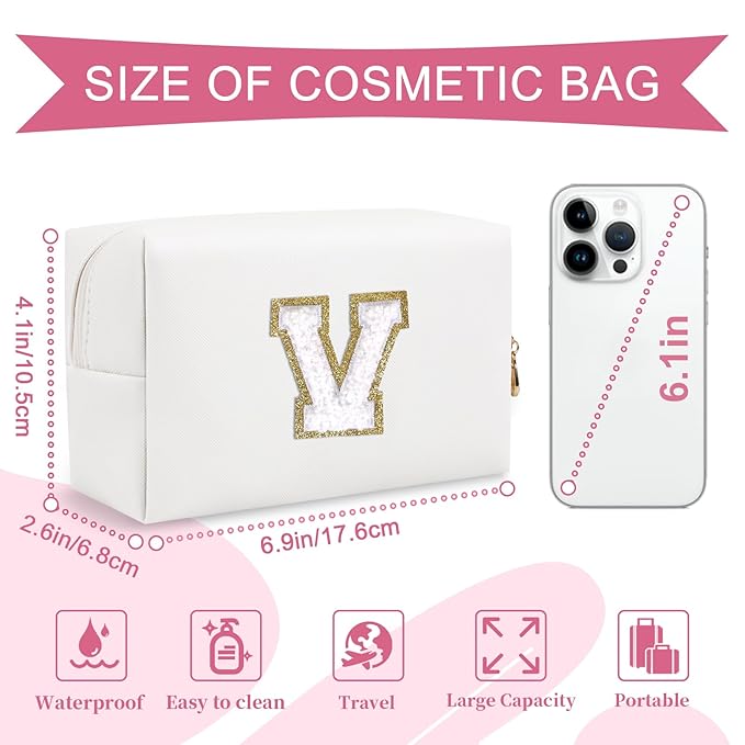 Small Personalized Initial A-Z Preppy Patch Makeup Bag,White PU Chenille Letter Travel Cosmetic Pouch with Zipper,Cute Toiletry Bag,Gift Ideal for Teen Girls Women Teacher Bridesmaid,Letter V