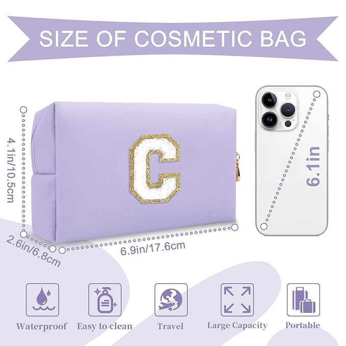 Personalized Makeup Bag Initial A-Z Preppy Patch Bag,Small PU Leather Travel Cosmetic Bag Pouch with Zipper,Purple Cute Toiletry Bag,Gift Ideal for Teen Girls Women Birthday Friend Mom,Latter C