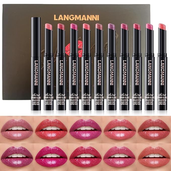 Jolilab 10Pcs Set Sparkling Lipstick Lip Gloss Long Lasting Waterproof Moisturizer Lip Balm Glitter Shimmer Metallic, Diamond Shiny Bold Glow Goth Lipstick for Women Girls, Non-sticky