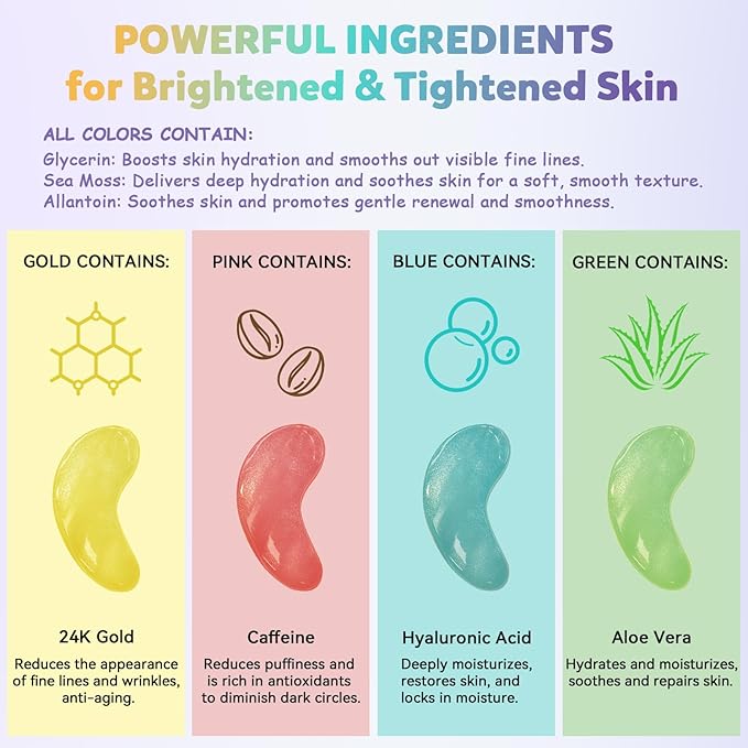 Under Eye Patches Variety Pack (48 Pairs), Eye Masks for Dark Circles Puffy Eyes Undereye Bags With 8 Colors (6 Pairs/Color), Vegan Eye Skin Care Set for Bachelorette Party Favors