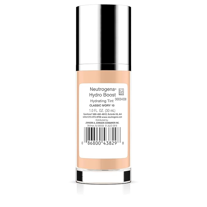 Neutrogena Hydro Boost Hydrating Tint Foundation Makeup for Dry Skin, with Hyaluronic Acid, Lightweight Oil-Free Water Gel, Non-Comedogenic 10 Classic Ivory, 1.0 fl. oz