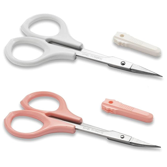 PAFASON Stainless Steel Curved and Straight Beauty Cosmetic Eyebrow Grooming Scissor Set with Safety Cap for Trimming Shaping Eyelash Extensions