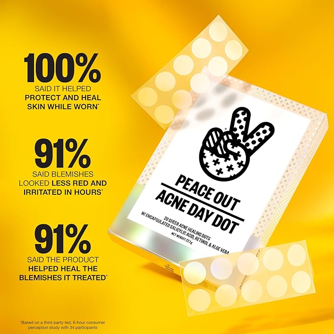 PEACE OUT Acne Day Dot, Sheer Acne Healing Dots, Virtually Invisible Wear, Hydrocolloid Pimple Patches Helps Clear Blemishes Quickly with Encapsulated Salicylic Acid, Retinol & Aloe Vera, 40 dots