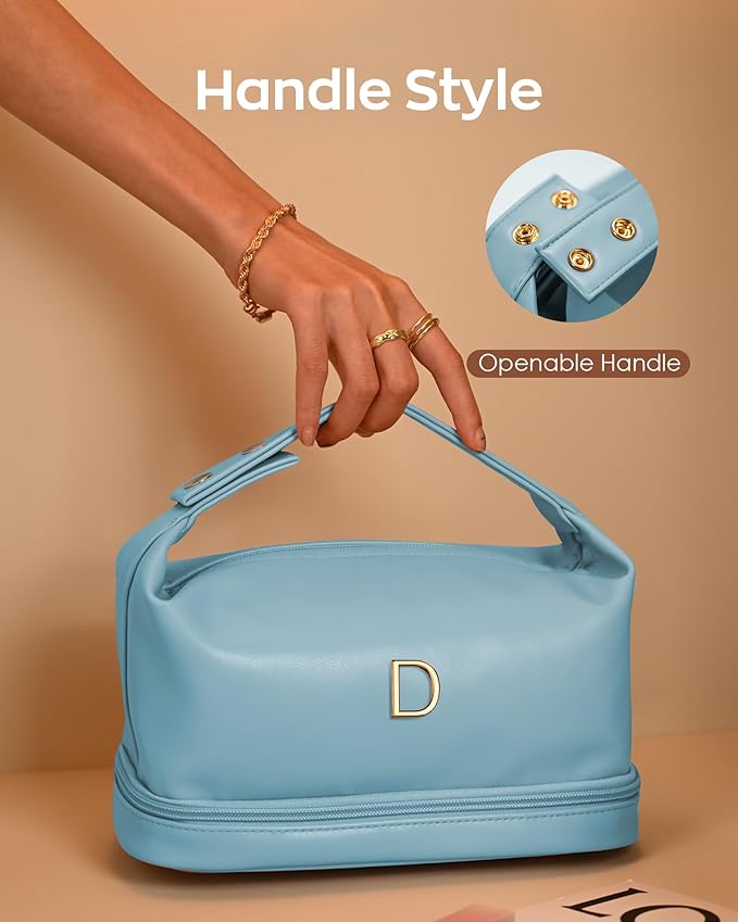 College Girl Gift Ideas, Personalized Makeup Bag with Handle, Initial Double Layer Cosmetic Bag with Makeup Brush Organizer, Birthday Gifts for 11 12 13 14 15 16 17 18 Year Old Girls