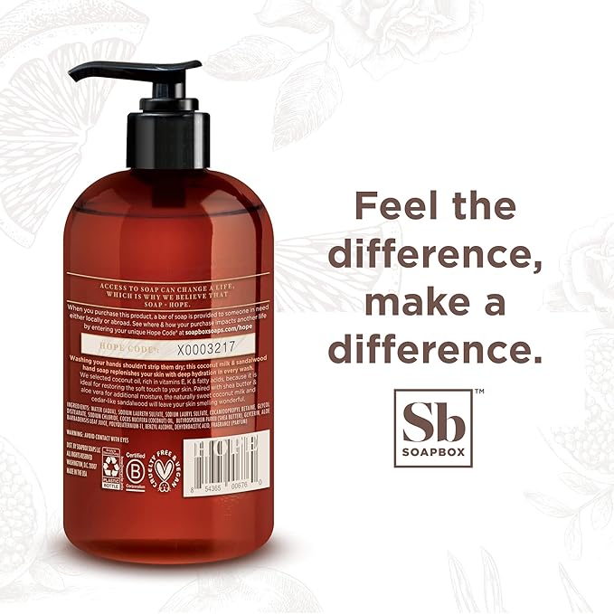 Soapbox Liquid Hand Soap, Coconut Milk & Sandalwood, Gentle & Moisturizing Hand Wash for Kitchen and Bathroom, Vegan & Cruelty Free Scented Hand Soap 12 Ounce Pump Bottles (Pack of 3)
