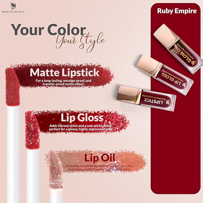 Lip Trio – Deep Red Matte Lipstick + Gloss & Lip Oil | Smudge-Proof Lipstick + Moisturizing Gloss with Jojoba & Vit-E | Long-Look, Vegan, Clean Beauty Gift Set (Ruby Empire)