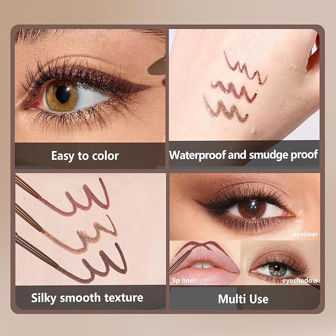 Noerrors 3Colors Brown Retractable Gel Eyeliner Set, Waterproof Silky Smooth Easy to Color Creamy Matte Eyeliner Pencil for Women, Long Wear Smudge Proof Eye Makeup Pen for Mature Eye with Sharpener