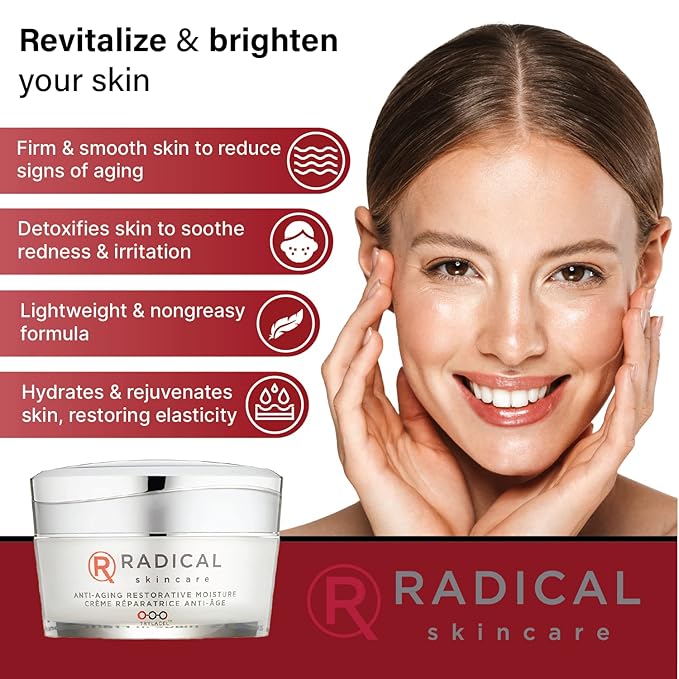 Radical Skincare Anti Aging Restorative Moisturizer - w/Jojoba, Vitamin E, & Aloe | Hydrating | Antioxidant Rich, Non-Drying, Gentle | For All Skin Types | Paraben & Cruelty Free (1.7 Oz)
