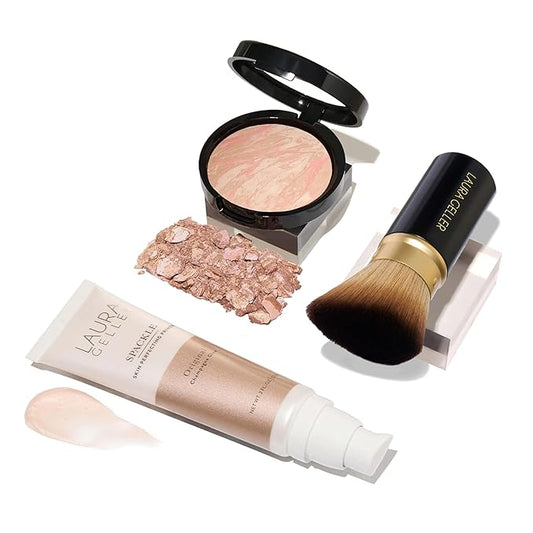 LAURA GELLER NEW YORK Everyday Routine Kit - Baked Balance-N-Brighten Color Correcting Powder Foundation, Porcelain + Retractable Angled Kabuki + Spackle Makeup Primer, Champagne Glow (3 PC)