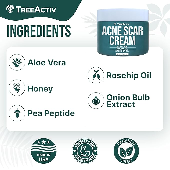 TreeActiv Acne Scar Treatment, 2 fl oz, Scar Cream for Face and Dark Spot Remover, Lotion for Stretch Marks and Body, Acne Scar Removal for All Skin Types, 500+ Uses