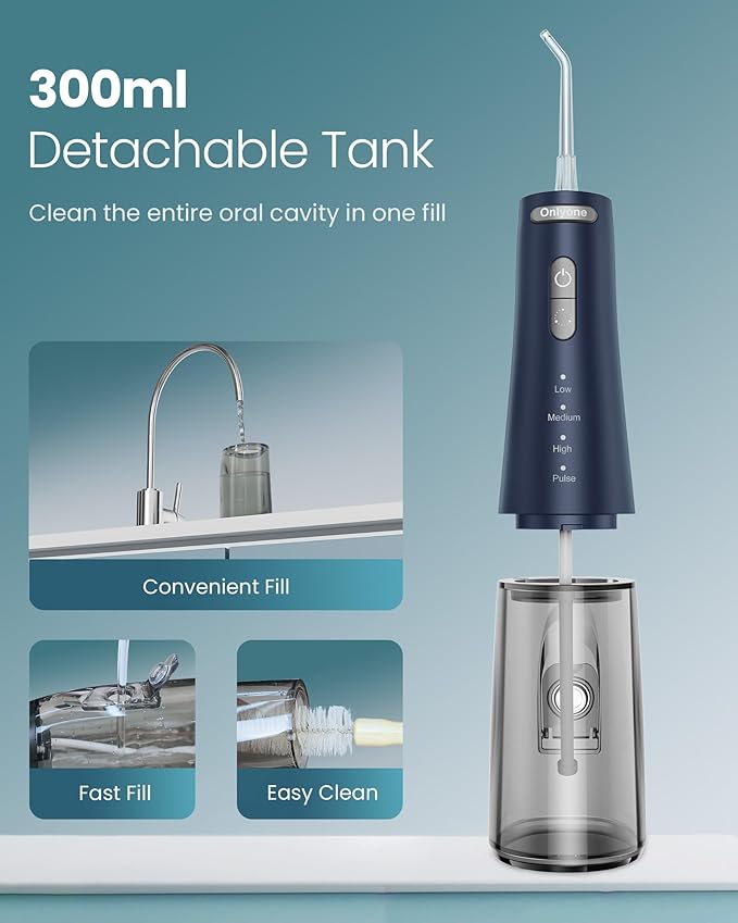 Onlyone Water Dental Flosser, 300ML Portable Oral Irrigator for Teeth, 4 Modes and 5 Jet Tips,Rechargeable Irrigation Cleaner,Electric Flossing Machine Power Flossers & Irrigator Accessories Blue
