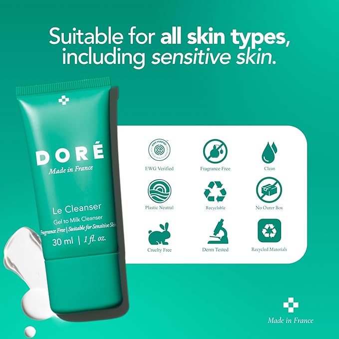 Doré - Le Cleanser Gel to Milk Daily Face Cleanser | Gentle Hydrating Cleaner for Dry & Sensitive Skin | Makeup Remover for Women & Men for Face (1 fl oz | 30 ml)