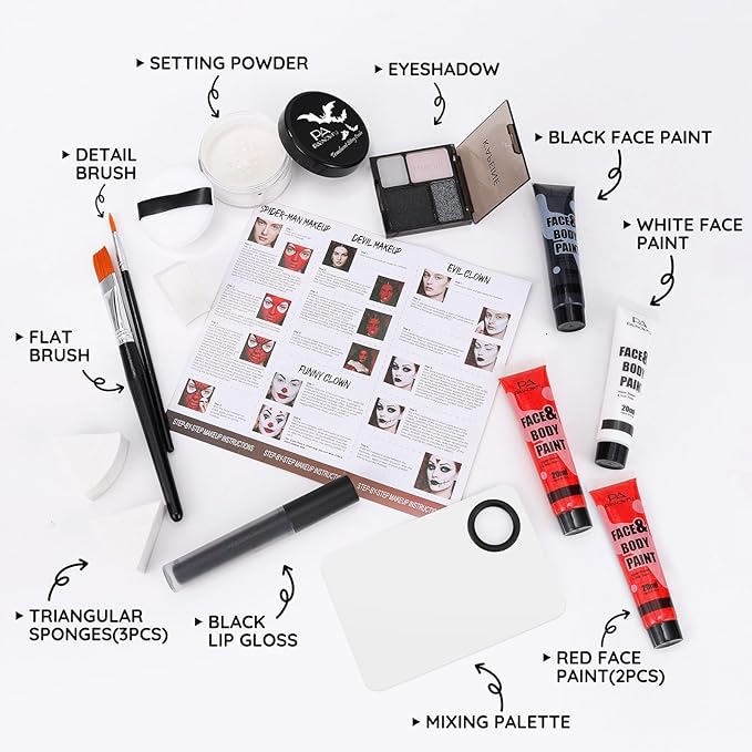 Halloween for Clown Spider Demon Makeup Kit, Professional Halloween SFX Costume Makeup Set for Clown Cosplay ,Water-Based Face Paint Kit with Red Face Paint for Cosplay, Theatre, Party.