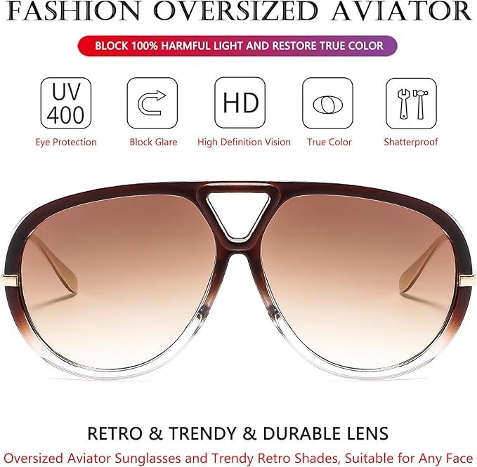 AIEYEZO Oversized Aviator Sunglasses Women Men Fashion Retro Big Frame Sun Glasses Designer Ladies Shades