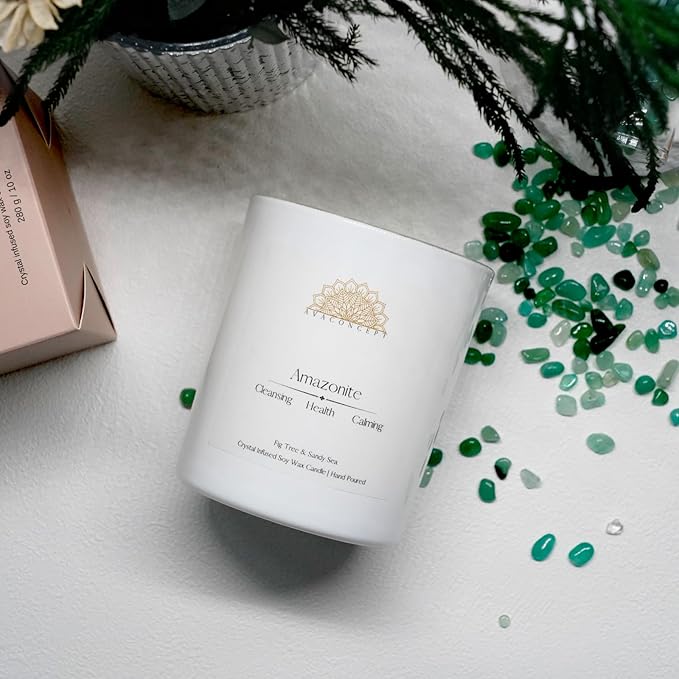 Fig & Sandy Sea Scented Crystal Candle in 10 oz Jar - Natural Crystal for Energy, Harmony and Balance - Elegant Home Decor and Gift Idea, Scented Candle, Rose