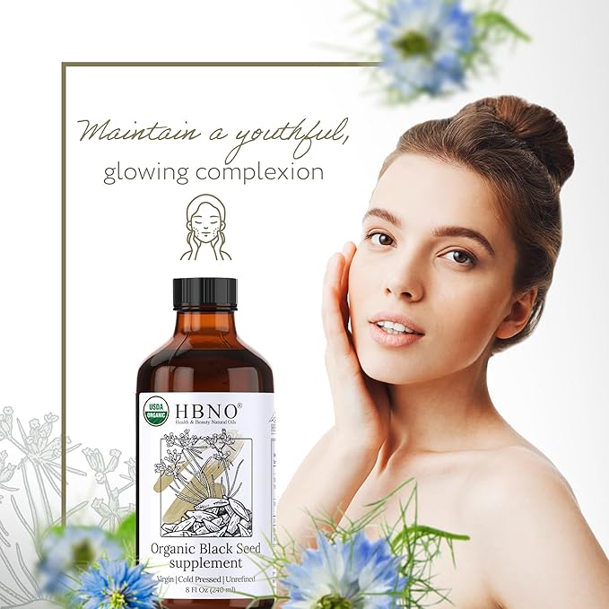 HBNO Organic Black Seed Oil - Huge 8oz (240ml) Glass Bottle Value Size - USDA Certified Organic Black Seed Oil, Cold Pressed for Face, Body, Lips, Shampoo & Conditioner