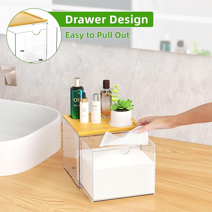 VITVITI Drawer Disposable Face Towel Holder Box, Acrylic Facial Towel Container for XL Clean Skin Club, Large Disposable Face Towel Storage with Bamboo Lid, for Bathroom, Vanity Makeup, Clear