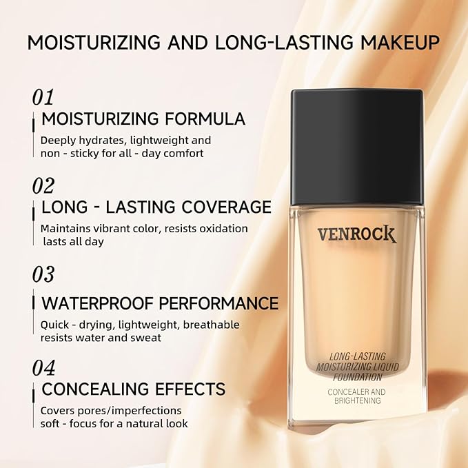 VENROCK 24HR Long-Lasting Moisturizing Liquid Foundation | Radiant, Waterproof, Concealing & Oil-Control (01# Ivory White, 30ml)