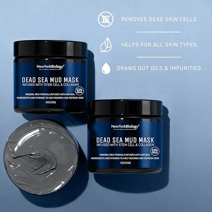 New York Biology Dead Sea Mud Mask for Face, Body | with Stem Cell and Collagen | Spa Quality Pore Refiner for Oily Skin | Natural Skincare for Women, Men | Tighten Skin | 4 oz (Pack of 2)