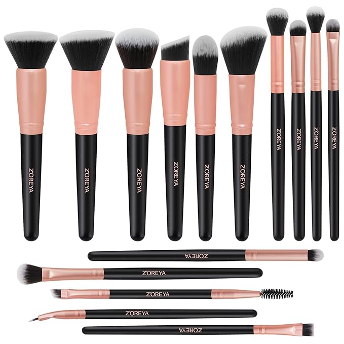 ZOREYA Makeup Brush Set - 15 Pcs Premium Synthetic Foundation Concealers Eye Shadows Make Up Brush,Eyeliner Brushes(RoseGold)