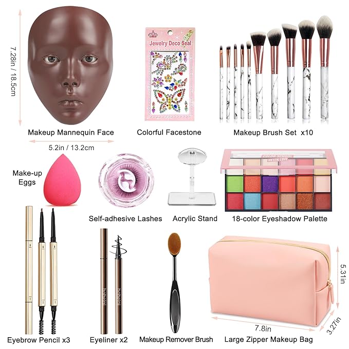 Makeup Mannequin Face - Silicone Head with Makeup Kit, Brushes & Bag for Practicing Skills or Gifts