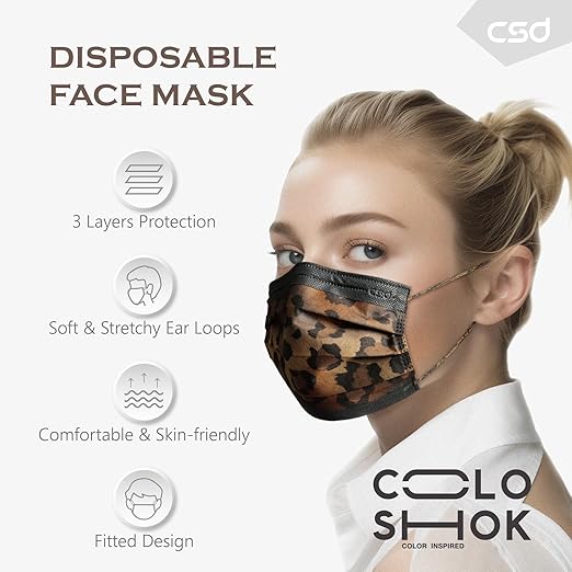 CSD Colo 30 Pcs Leopard Print Disposable Face Masks, 3 Ply Adult Mask with Elastic Ear Loop, Nose Bridge Clip, Breathable Comfortable Mask Great for Indoor, Outdoors Use (Camo)