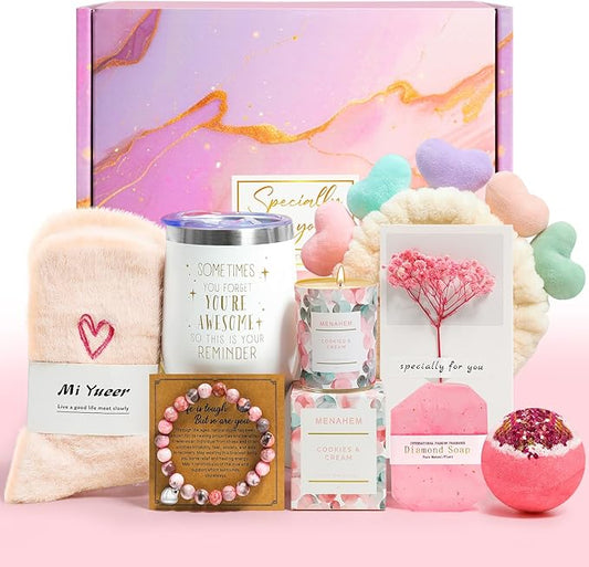 Happy Birthday Gifts for Women, 9pc Get Well Baskets, Pink Self Care Package Relaxing Spa Bath Thinking of You Gift Set for Gf Sister Friend Nurse Daughter Teacher Mother Christmas