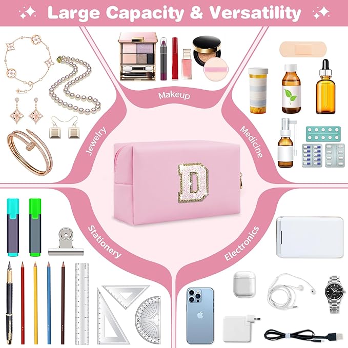 Small Personalized Initial A-Z Patch Makeup Bag,Pink Cute PU Leather Glitter Letter Cosmetic Bag for Teen Girls,Travel Toiletry Bag with Zipper,Preppy Monogrammed Birthday Gift for Daughter Niece D