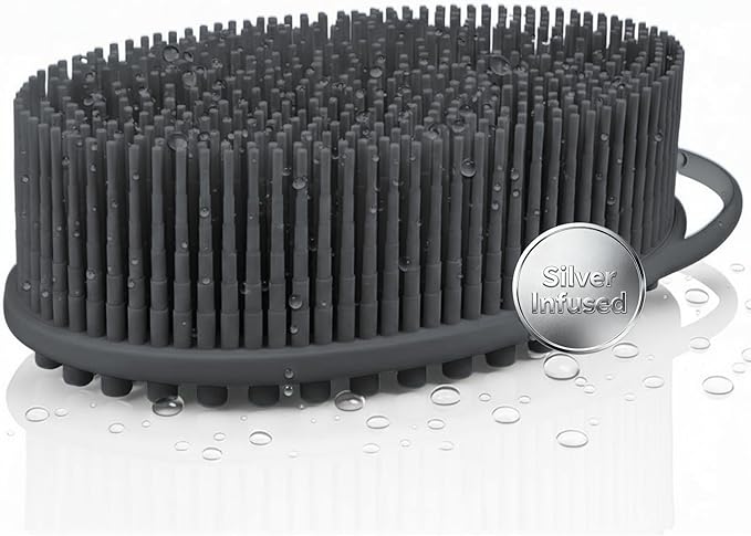 Silver Infused Silicone Body Scrubber Shower - Gentle Back Scrubber Soft Bristles - Avilana Premium Dual Sided Bath Brush Massage - Advanced Material Loofah Alternative - Gift Women Men