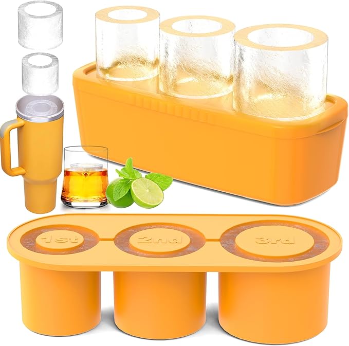 Ice Cube Tray for Tumbler Cup 30Oz-40Oz, 3 Pcs Silicone Cylinder Ice Mold with Lid and Bin for Freezer, Easy Fill and Release Ice Maker for Whiskey, Cocktail BPA-Free