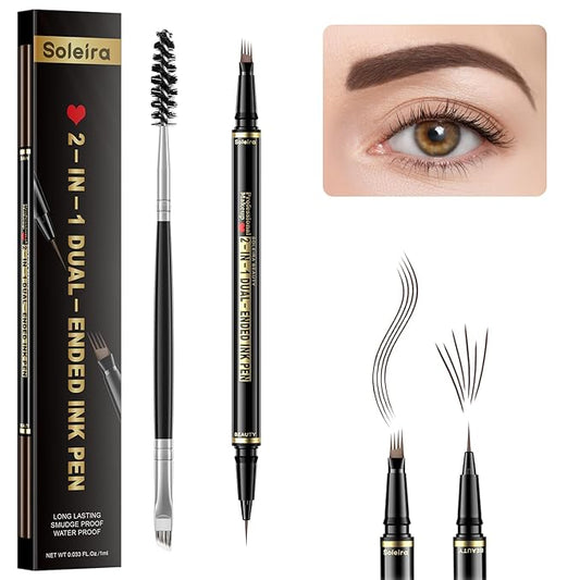 Eyebrow Pen, Soleira Waterproof Eyebrow Pencil with 4 Tip Microblading Eyebrow Pen and Dual-ended Eyebrow Brush, for Natural-Looking Brows, Long-Lasting, COCO Dark Brown