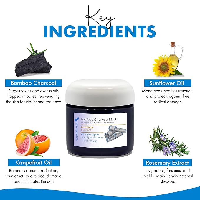 Blue Beautifly Bamboo Activated Charcoal Face Mask - Draws out Excess Oils, Dirt, Toxins, and Impurities - No Synthetic Additives or Fragrances -Combats Acne and Breakouts - 2 fl oz