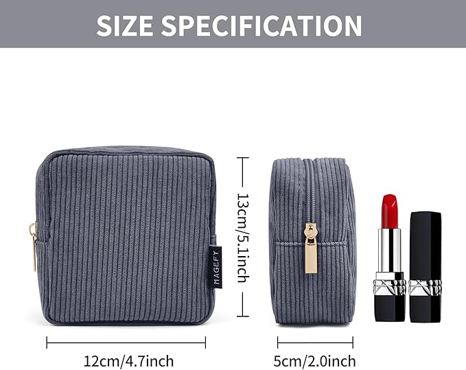 MAGEFY Small Makeup Bag for Purse Mini Cosmetics Bag Corduroy Cute Cosmetic Pouch for Women with Slip-in Pockets